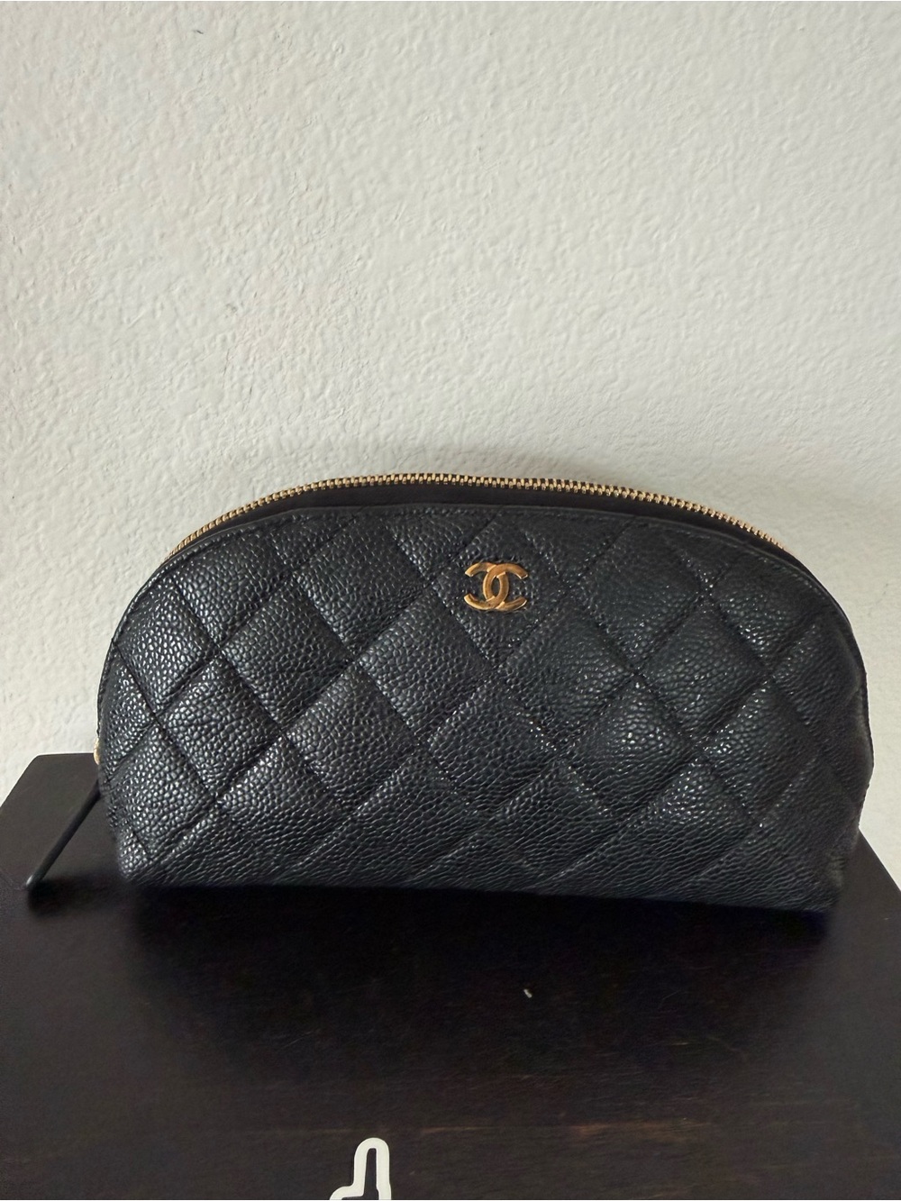 CHANEL Black Quilted Cosmetic Pouch with Gold CC Accent